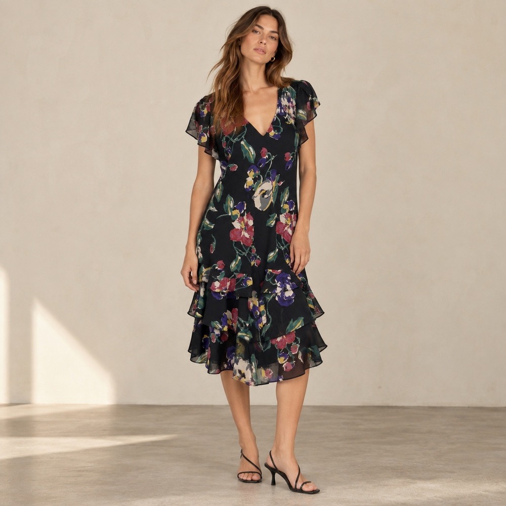 Lauren Ralph Lauren Floral Dress Women 10 Black Sheer Ruffle Tiered V-Neck Party